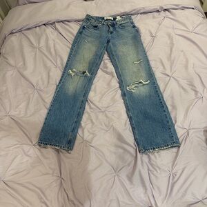 Stradivarius Blue Ripped Straight Leg Jeans
